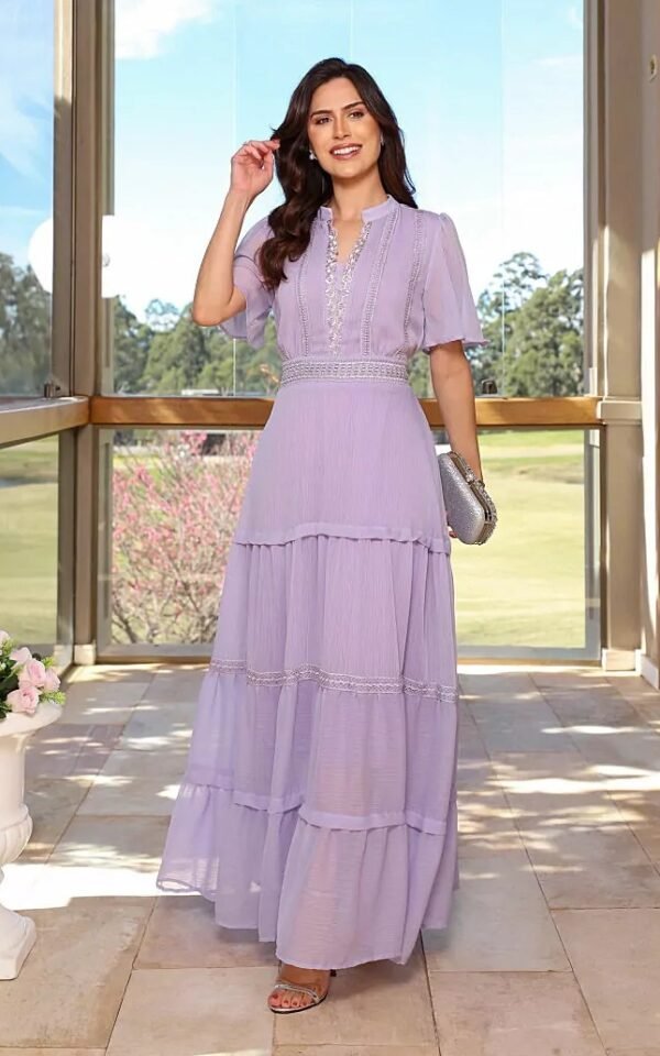 Vestido longo premium Yuna chiffon, forrado