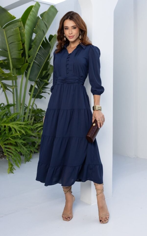 Vestido premium Sheila feito em chiffon texturizado, forrado