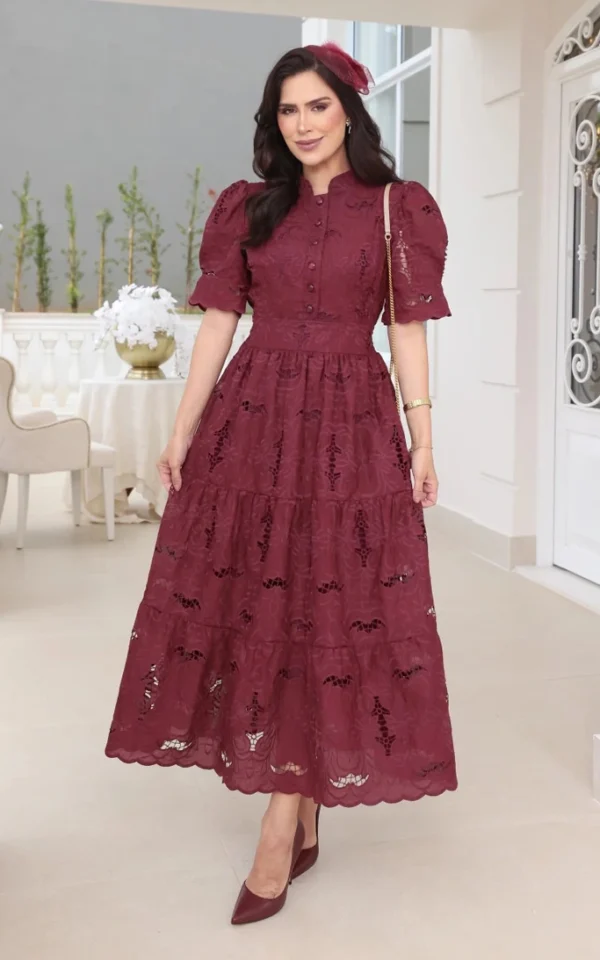 Vestido Emily em lese 100% algodão bordado VINHO – 38 ao 48