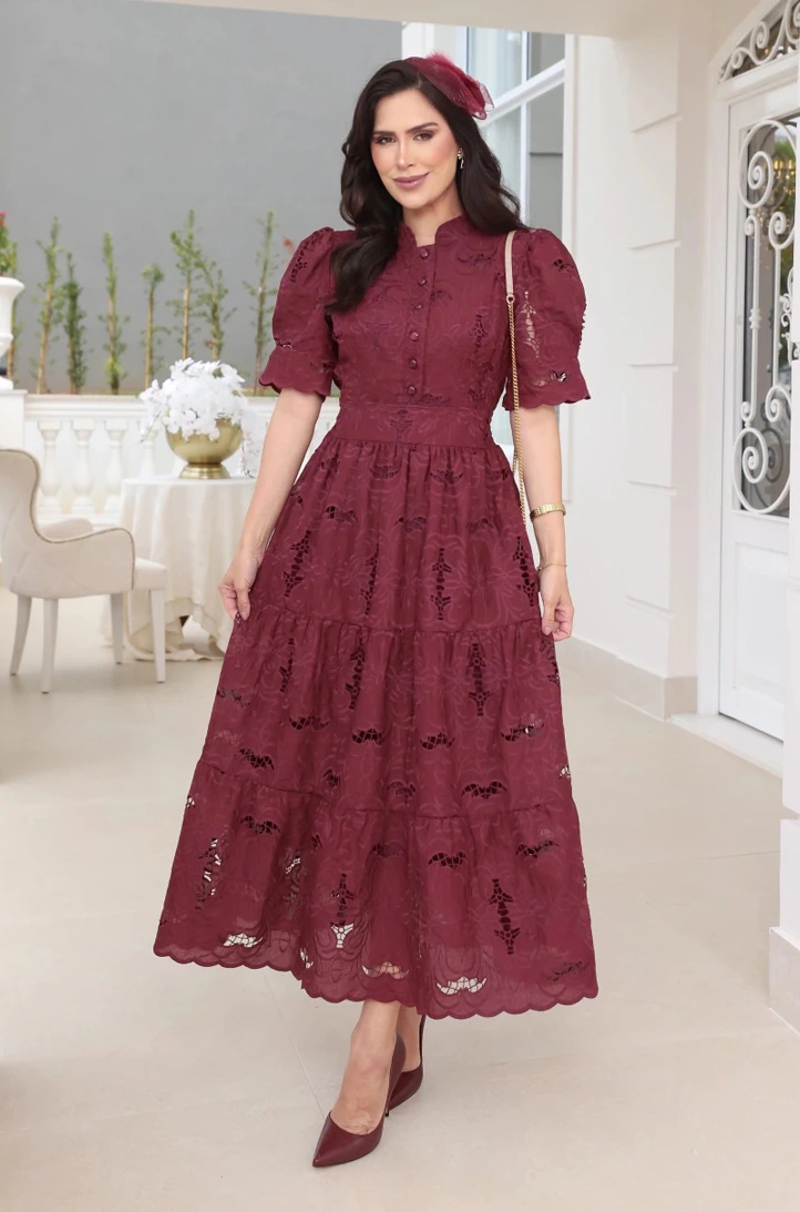 Vestido Emily em lese 100% algodão bordado VINHO – 38 ao 48