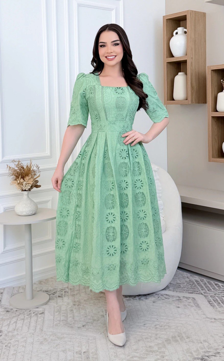Vestido premium Victoria em lese algodão bordado, forrado - Imagem 7