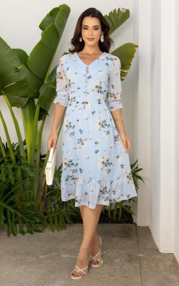 Vestido premium flor em chiffon estampado, forrado