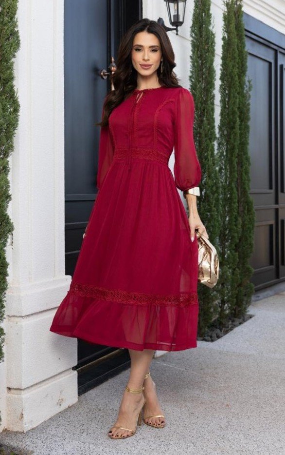 Vestido premium Nanda em chiffon com renda, forrado - Imagem 2