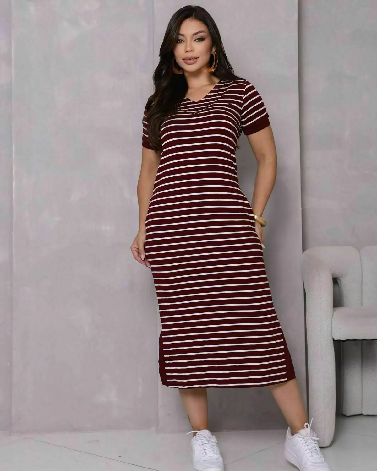 Vestido moletinho Jucy listrado com elastano e bolso