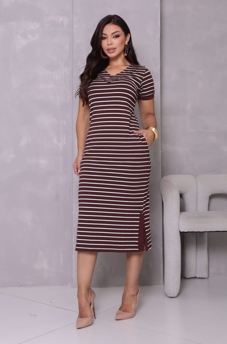 Vestido moletinho Jucy listrado com elastano e bolso - Imagem 4