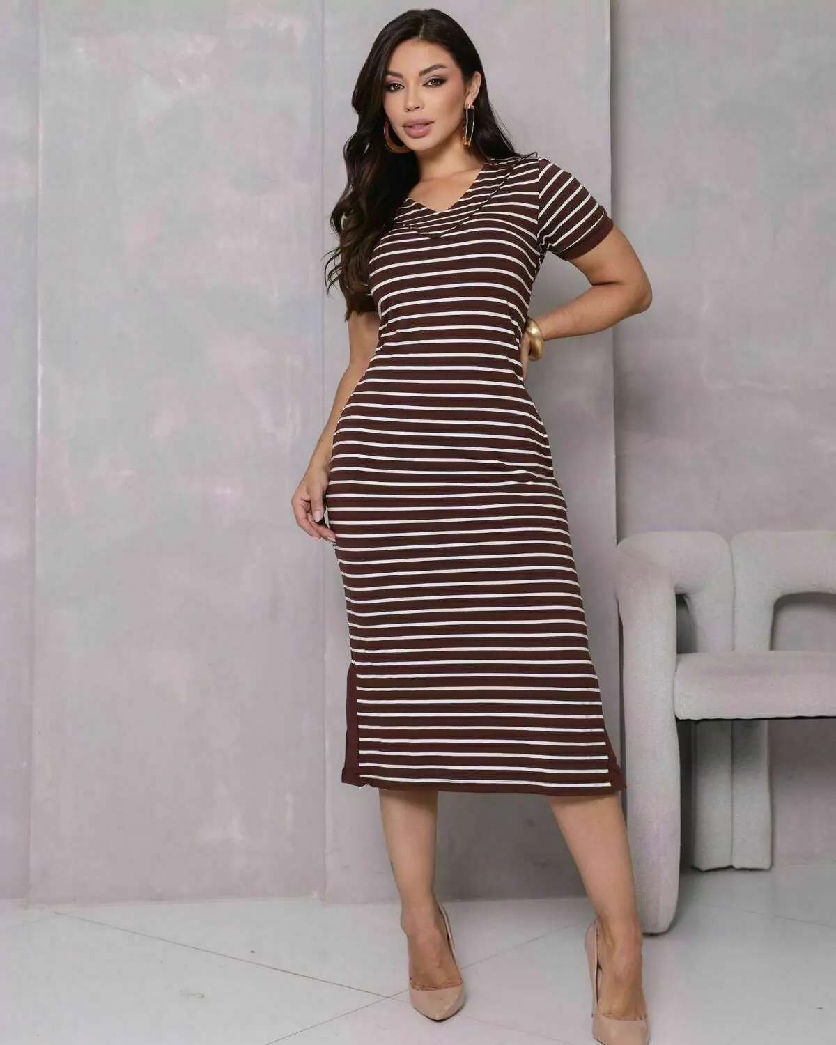 Vestido moletinho Jucy listrado com elastano e bolso - Imagem 2